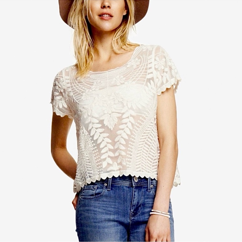 Express Short Sleeve Baroque Lace Tee Size L